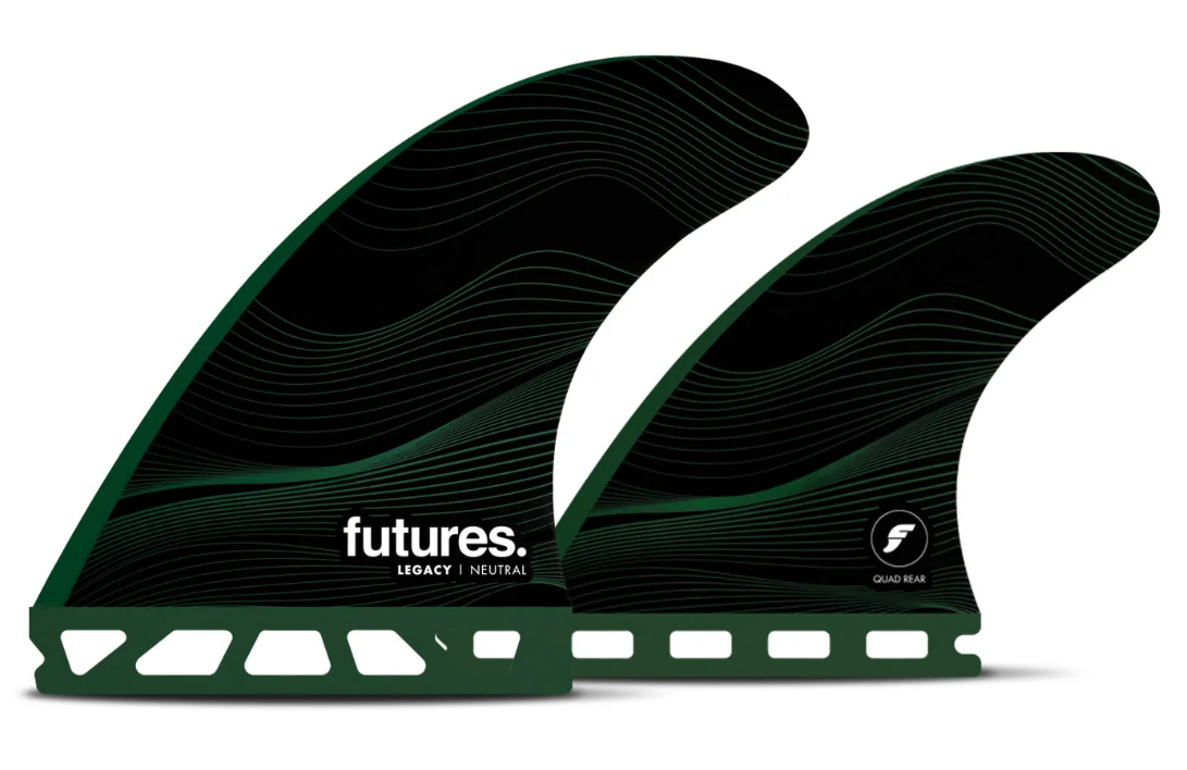 Futures Fins F8 Legacy Honeycomb Quad Surfboard Fins in black and green showing left front and rear fin