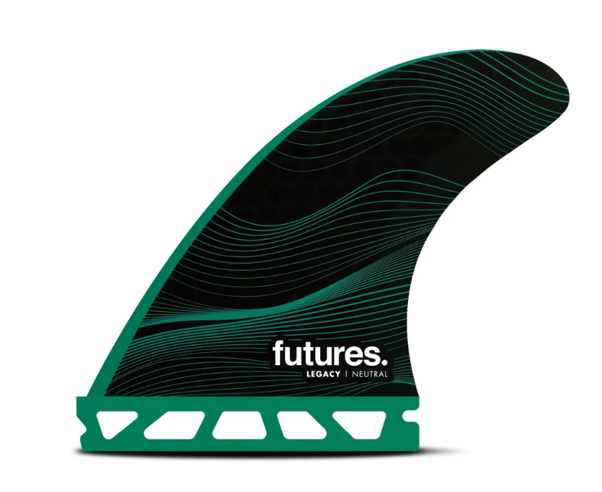Futures Legacy HC Thruster Fin Set in black and green showing left fin from outside