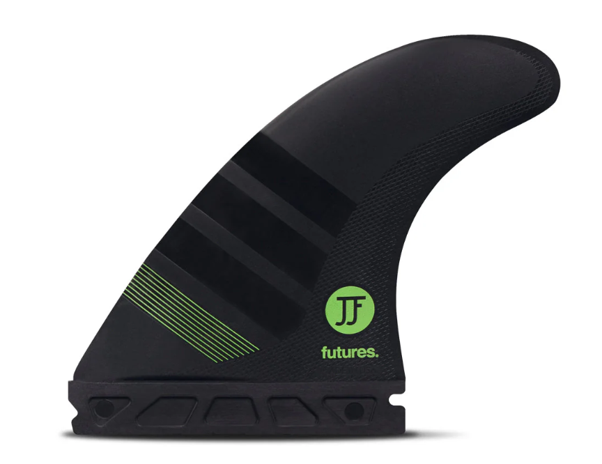 Futures JJF Alpha Surfboard Fin Set in black with green decals showing left front fin from the side