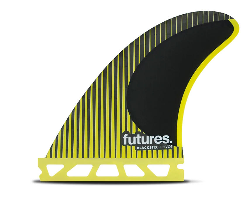 Futures Fins P4 Blackstix Thruster Surfboard Fins (small) in black and yellow showing left front fin