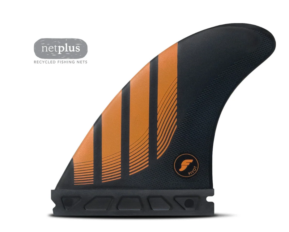 Futures Fins Pivot Alpha Carbon Thruster Fins in black and orange medium size showing left front fin from the outside