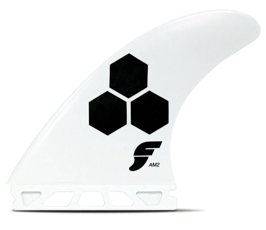 Futures Fins Thermotech AM2 Thruster Surfboard Fin Set in white showing side fin
