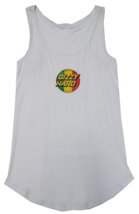 GIZZY HARD WOMENS FRONT TRIBUTE TANK white tank with rasta gizzy hard 