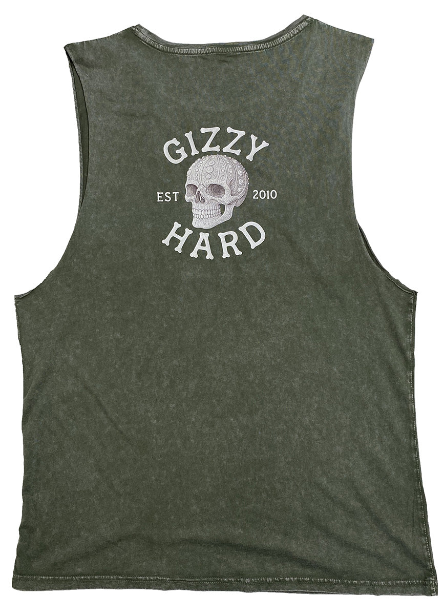 Gizzy Hard Kai On My Mind Stonewash Unisex Muscle in moss green from rear showing skull with sea urchin details