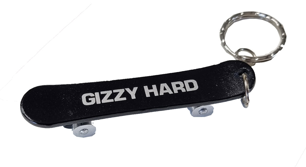 Gizzy Hard Stainless Steel Skateboard Bottle Opener Keyring in black showing deck from side angle