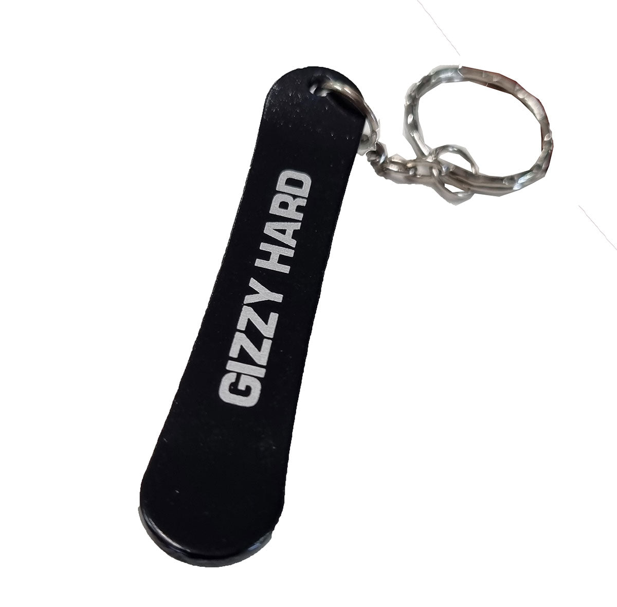 Gizzy Hard Stainless Steel Skateboard Bottle Opener Keyring in black showing deck