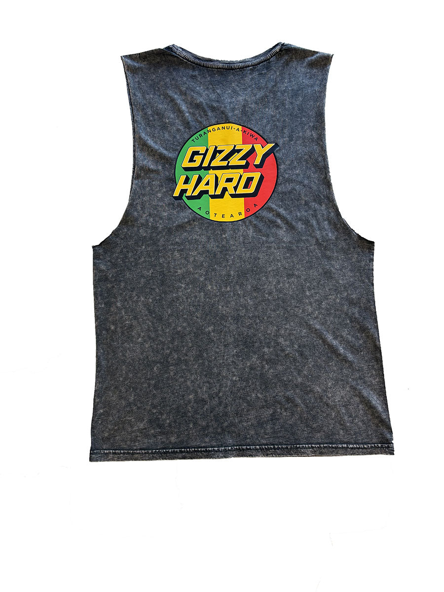 Gizzy Hard Tribute Stone Wash Muscle in black stonewash from front