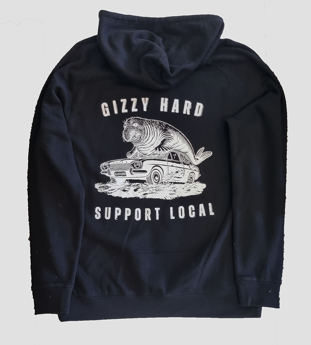 Gizzy Hard Support Local Homer Hoodie in black with white print showing back