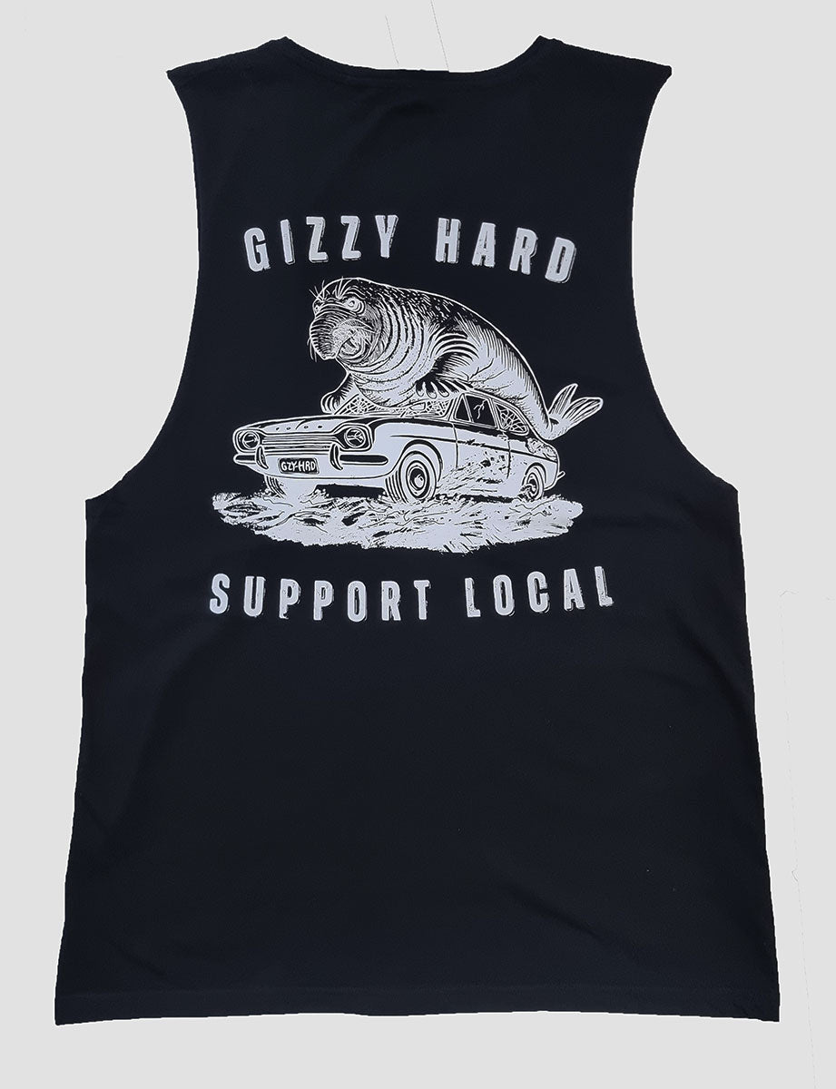 Gizzy hard support local homer muscle in black with white print on the back