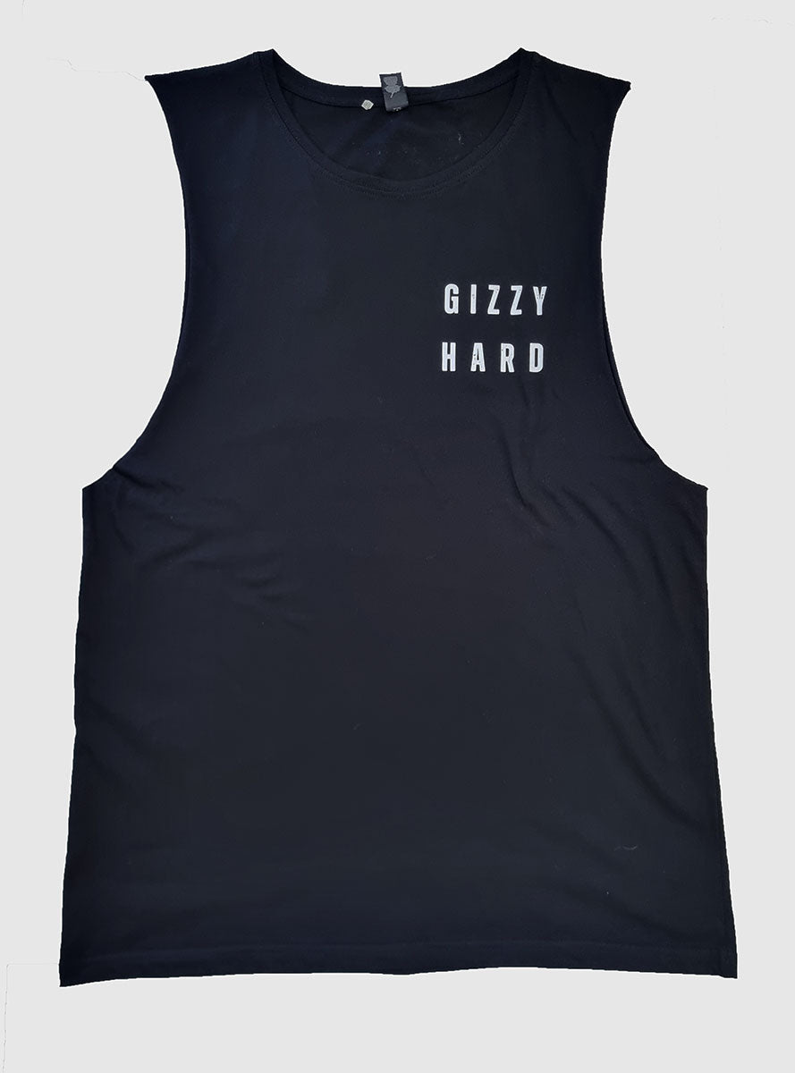 Gizzy hard support local homer muscle in black with white print on the front