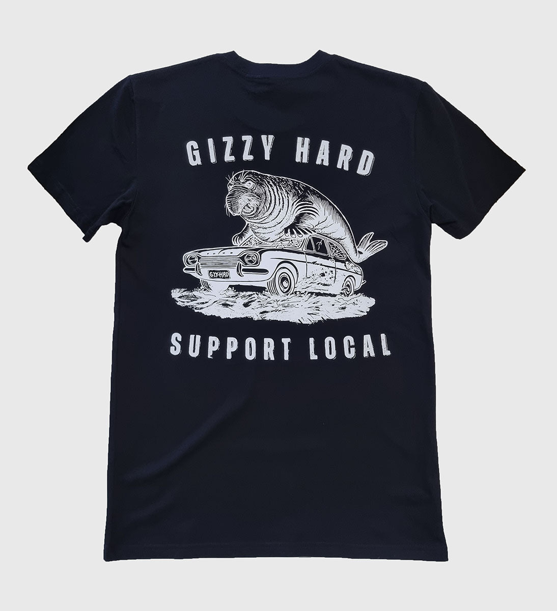 Gizzy Hard Support Local Homer Tee in black showing the back