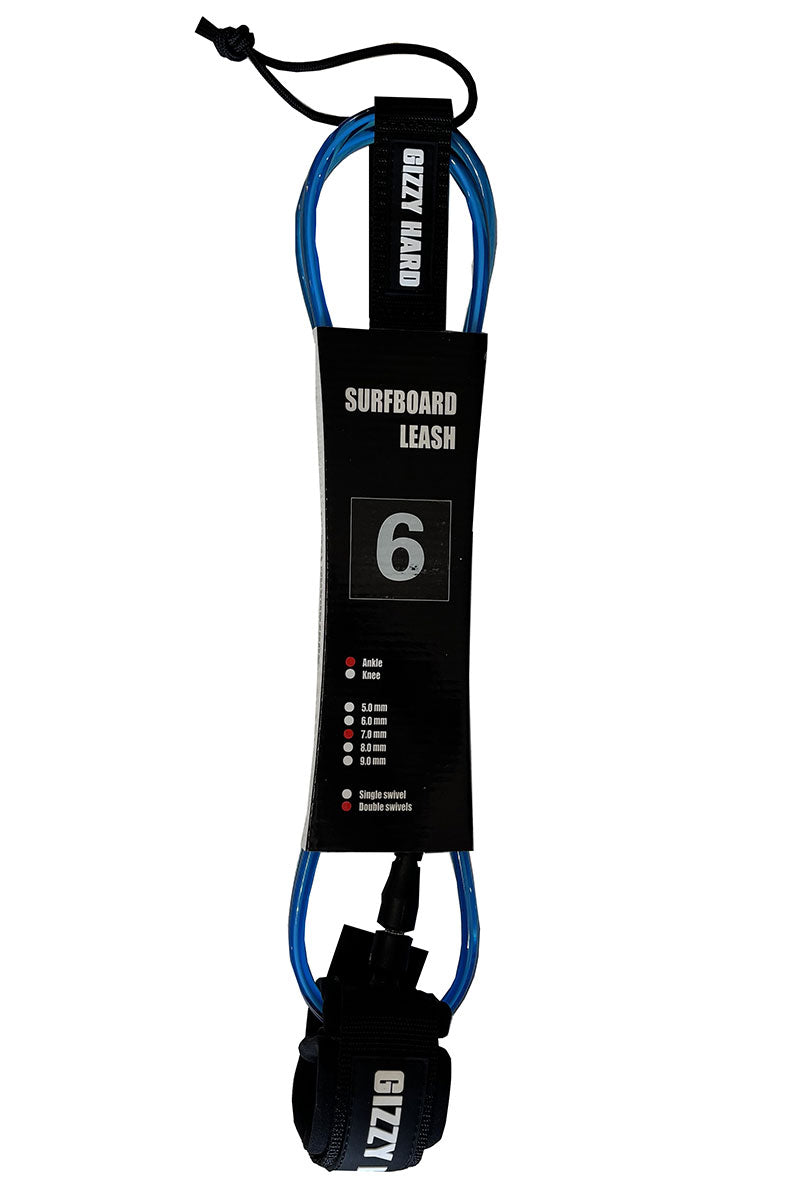 Gizzy Hard 6' Double Swivel Regular Surfboard Leash in clear blue 