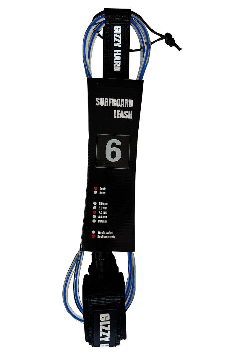 Gizzy Hard 6' Double Swivel Regular Surfboard Leash in clear with blue core 