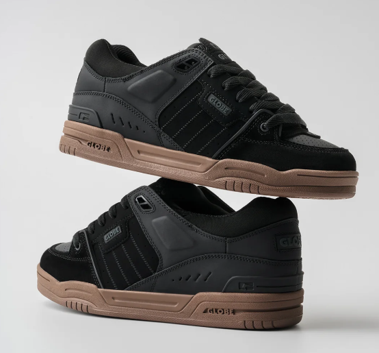 Globe Fusion Mens Skate Shoes in black gum colourway showing  pair stacked