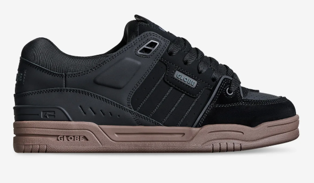 Globe Fusion Mens Skate Shoes in black gum colourway showing right shoe from side