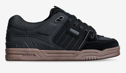 Globe Fusion Mens Skate Shoes in black gum colourway showing right shoe from side