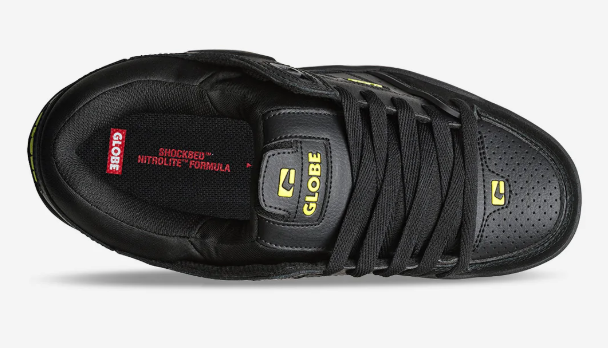 Globe Fusion Skate Shoes in black and citrus colourway showing top of left shoe