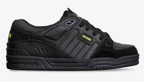 Globe Fusion Skate Shoes in black and citrus colourway showing right shoe