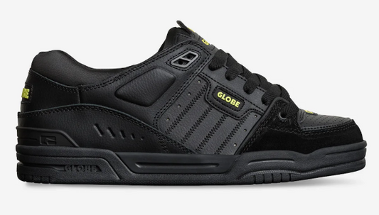 Globe Fusion Skate Shoes in black and citrus colourway showing right shoe