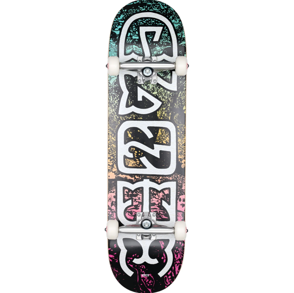 Globe G1 Heyman 8.5" Complete Skateboard in psychodelic colourway showing the bottom of the board, trucks and wheels
