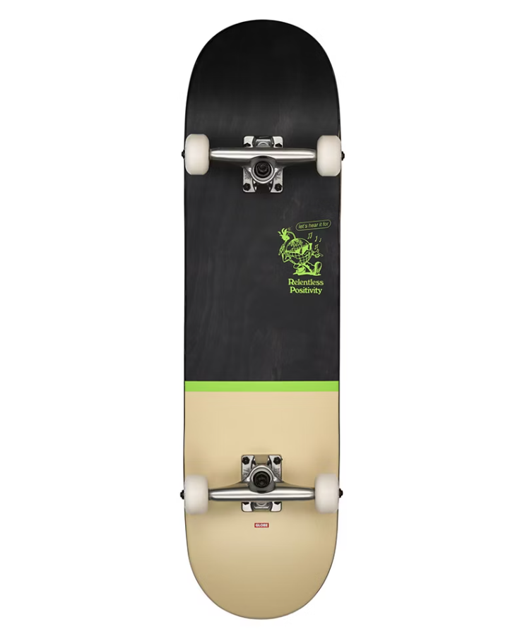 Globe G1 Posi-Dip 8.25" Complete Skateboard in black/green colourway from the bottom of the board showing trucks and wheels