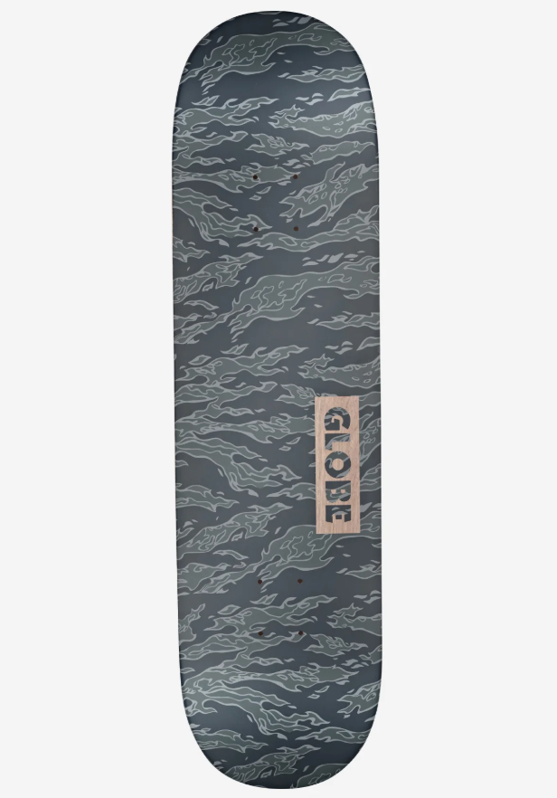 Globe Goodstock 8.5" Skateboard Deck in black camo showing the bottom of the deck