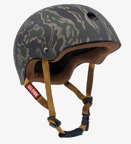 Globe Goodstock Certified Skate Helmet in tiger camo colourway from front/side view