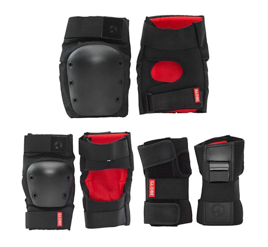 Globe Goodstock Kids Skate 3 Pack Pad Set showing the whole set of knee, elbow and wrist protection from front and rear view in black with red lining