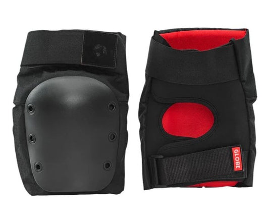 Globe Goodstock Skate Knee Pads - Adult in black with red lining showing front and back of a pair