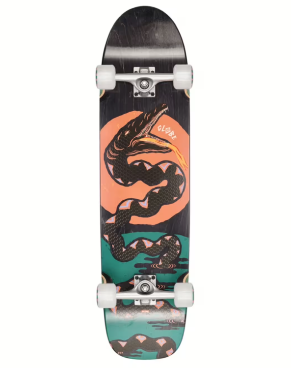 Globe Snake Run 35" Cruiser Skateboard showing the bottom of the board
