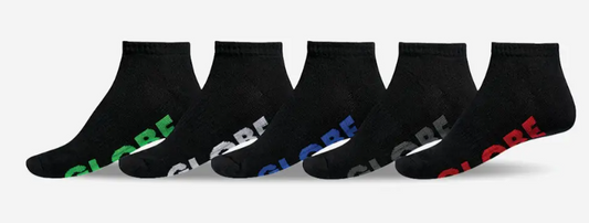 Globe Stealth 5 pack mens ankle socks.&nbsp; in black with coloured logos showing 5 socks