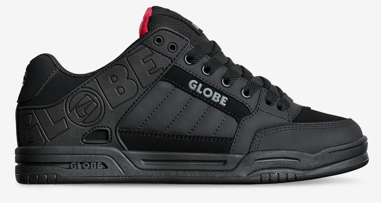 Globe Tilt Skate Shoes in black with tartan colourway from the side