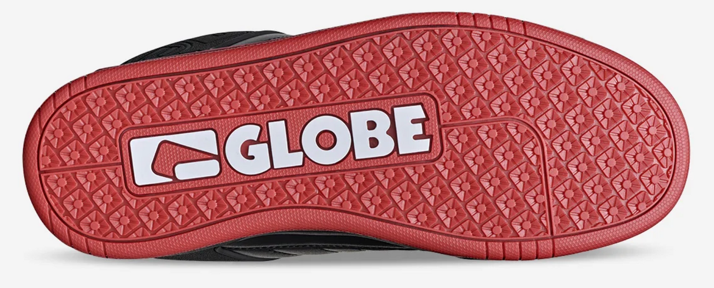 Globe Tilt Men's Skate Shoes in black, red and charcoal colourway from bottom of right shoe