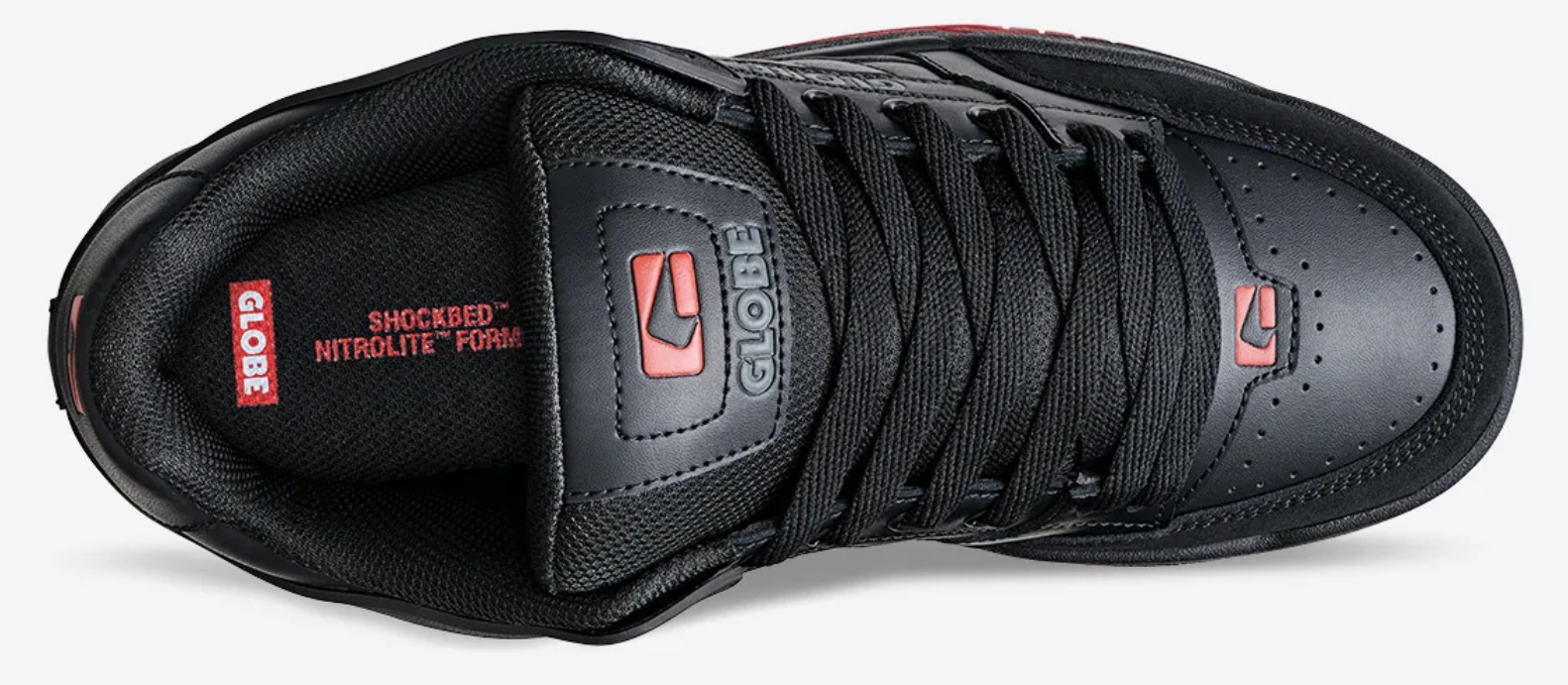 Globe Tilt Men's Skate Shoes in black, red and charcoal colourway from top of left shoe