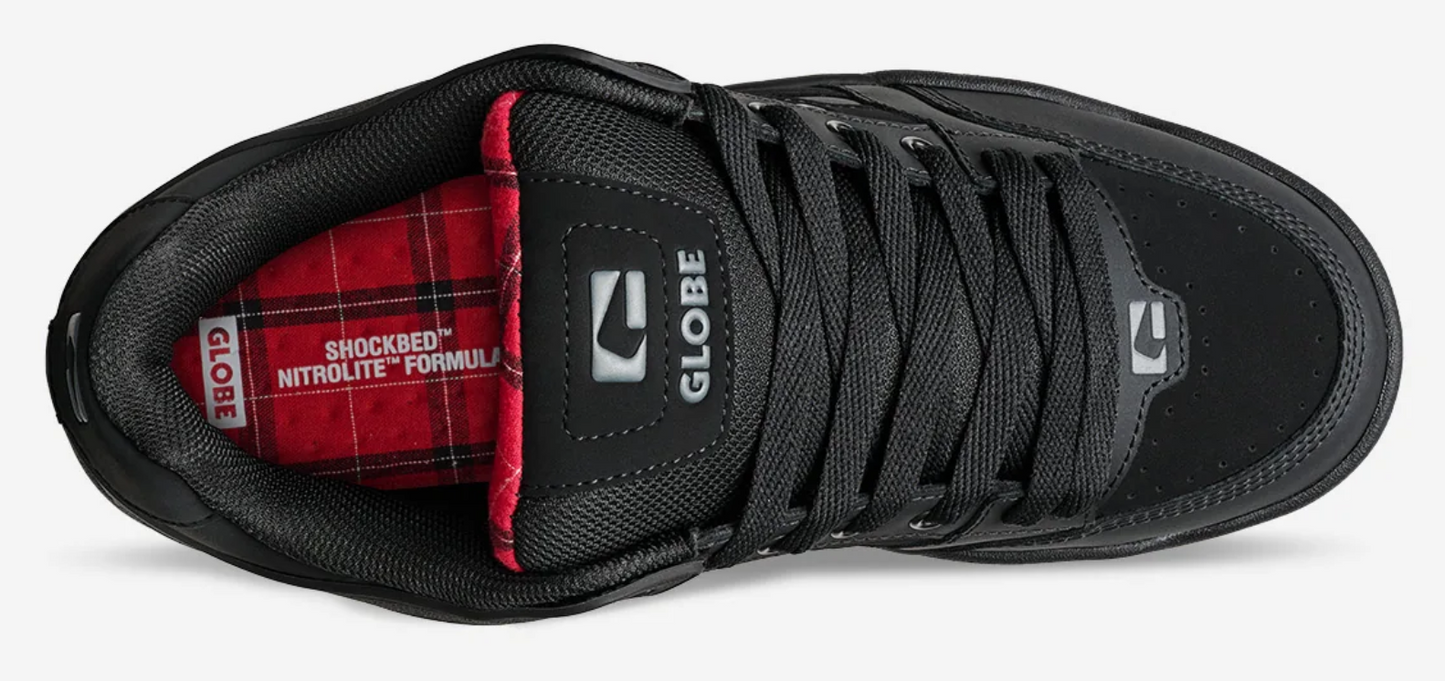 Globe Tilt Skate Shoes in black with tartan colourway from the top