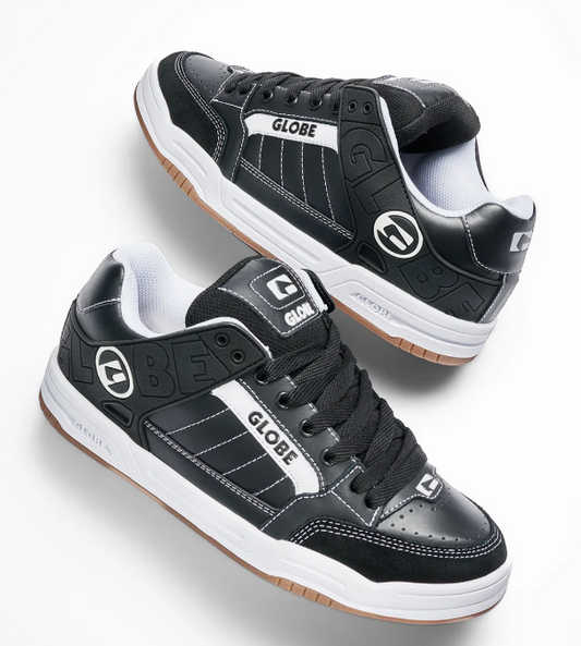 Globe Tilt Skate Shoes in black with white stitch colourway showing a pair
