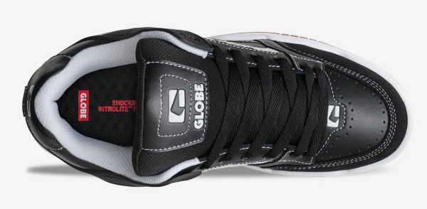 Globe Tilt Skate Shoes in black with white stitch colourway showing top