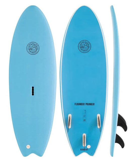 Gnaraloo 6'6 Flounder Pounder Softboard soft surfboard in blue showing deck, side and bottom views