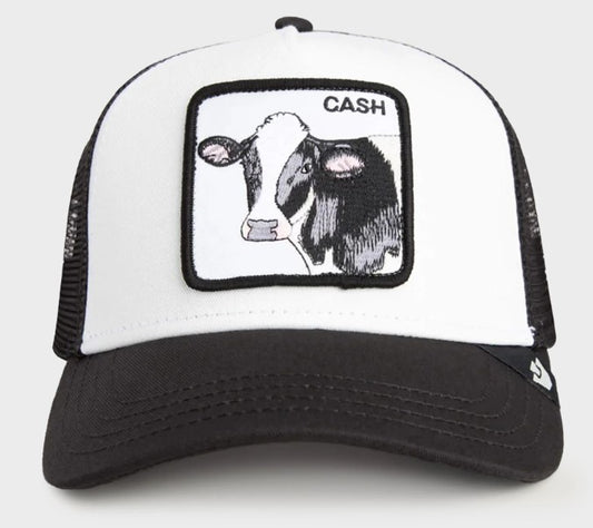 Goorin Bros Cash Cow Trucker Cap in white and black colourway from front, called dust and void colours