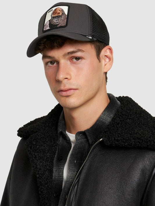 Goorin Bros Boss Trucker Cap in oil grey with black mesh on model from front