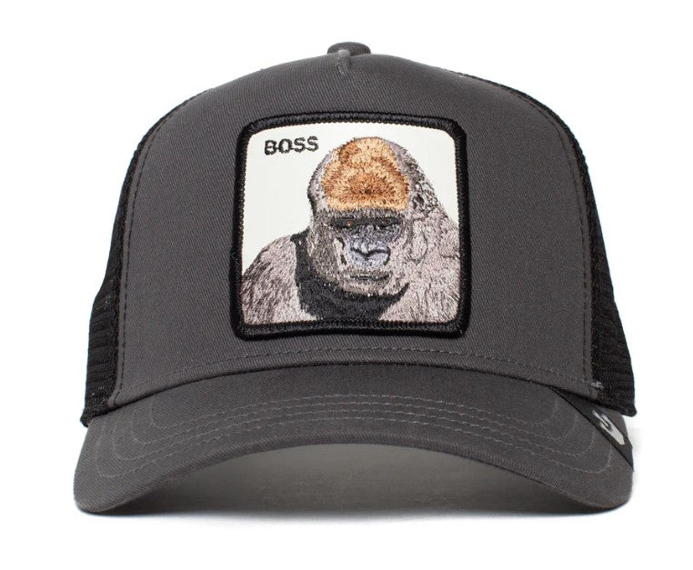 Goorin Bros Boss Trucker Cap in oil grey with black mesh from front