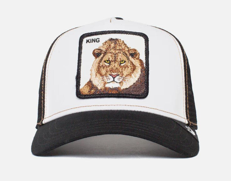 Goorin Bros The King Lion Snapback Trucker Cap in black and white from front