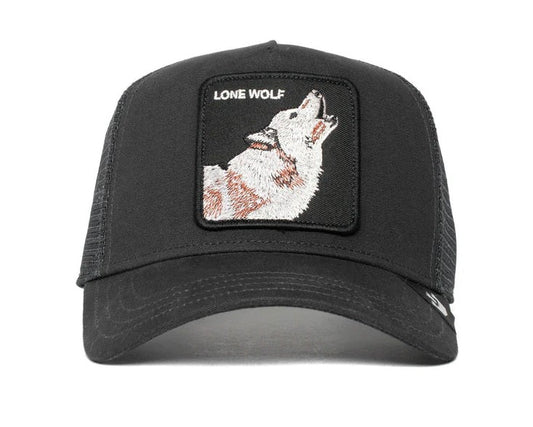 Goorin Bros The Lone Wolf Snapback Trucker Cap in black from front