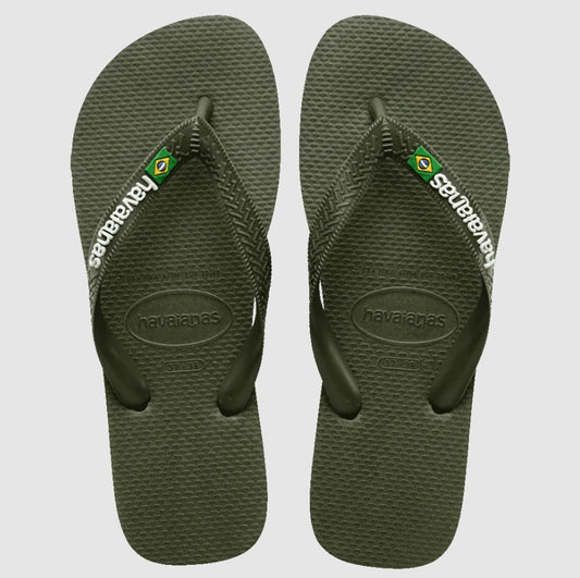 Pair of Havaianas Brazil Logo Jandals in moss and white colourway