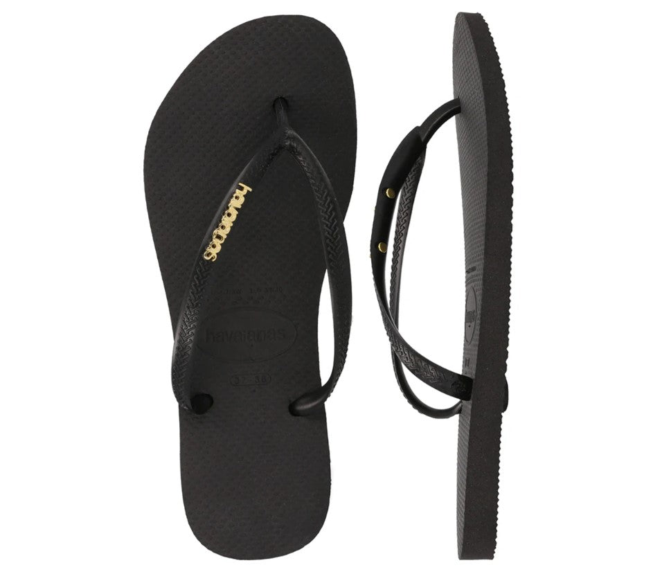 HAVAIANAS SLIM LOGO METAL JANDALS in black and gold