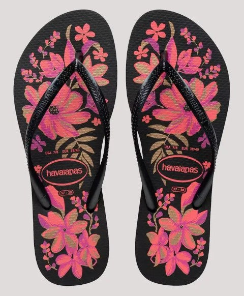 Havaianas Slim Organic Womens Jandals in black with pink floral print