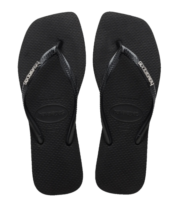 Havaianas Slim Square Logo Metallic Jandals in black with silver logo