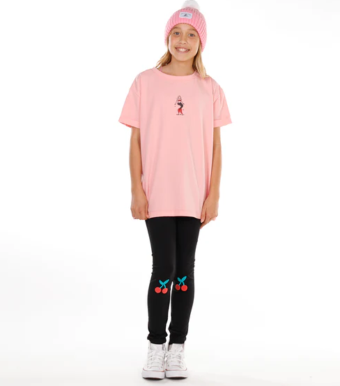 Hello Stranger Girls Leggings in black with red cherries on model from front