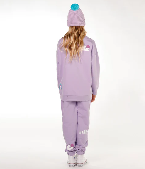 Hello Stranger Girls Mermaid Crew in lavendar on model in Hello stranger trackpants from rear