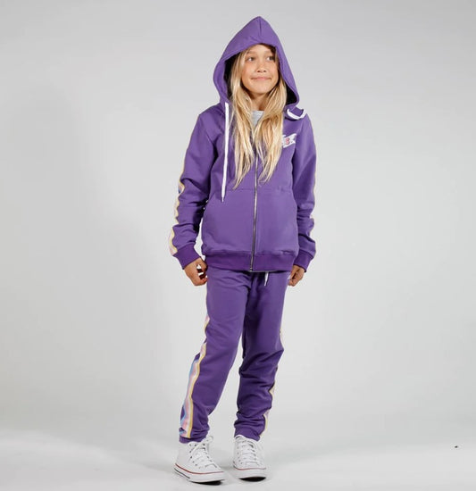 Hello Stranger Girls Zip Hood in purple on model